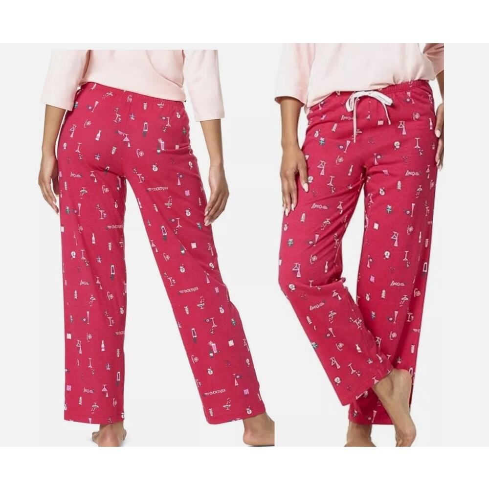 HUE Womens Small Holiday Classic Pajama Lounge Pants Christmas Cocktails Snowmen